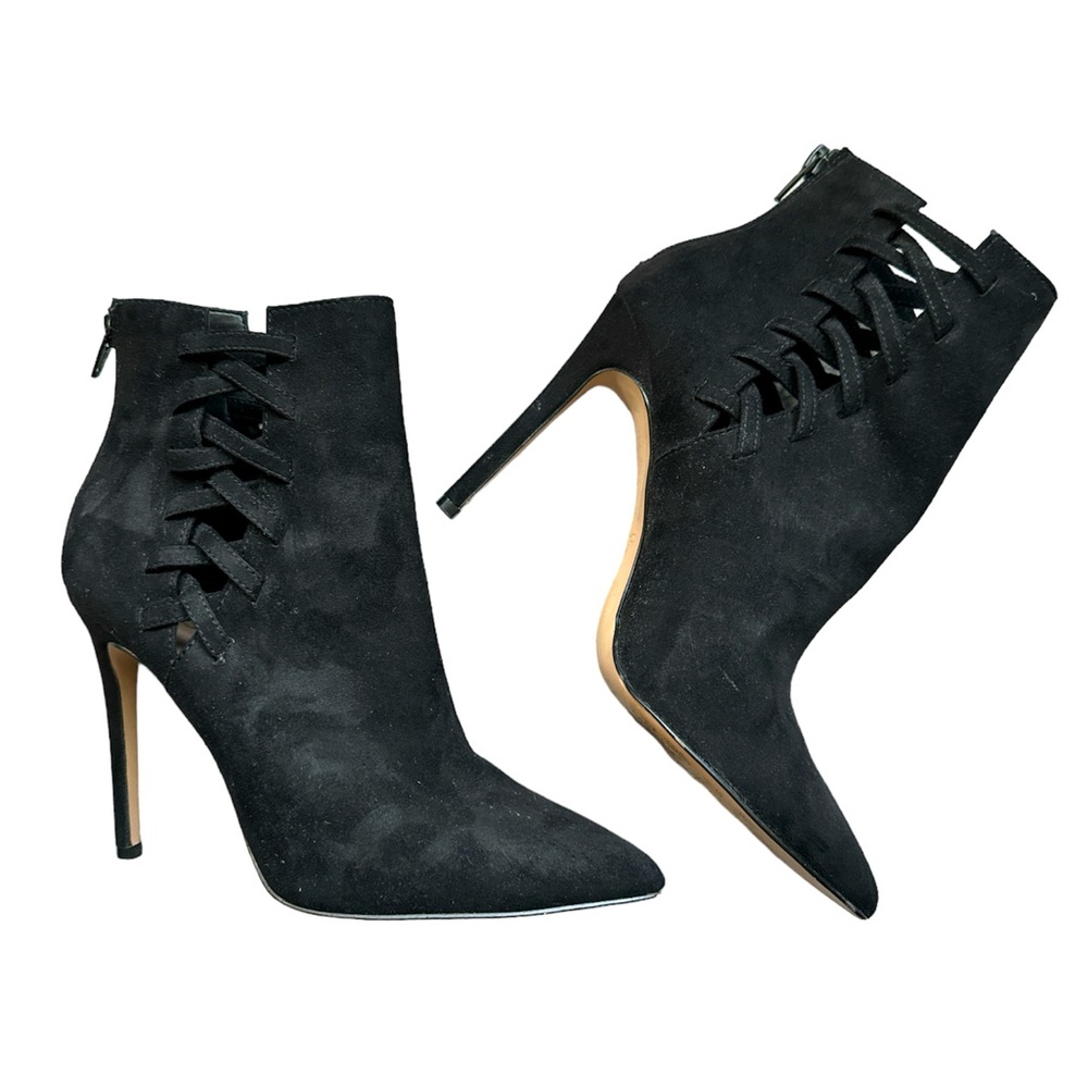 Aldo size 6 black suede stiletto booties with criss-cross cut out detailing.